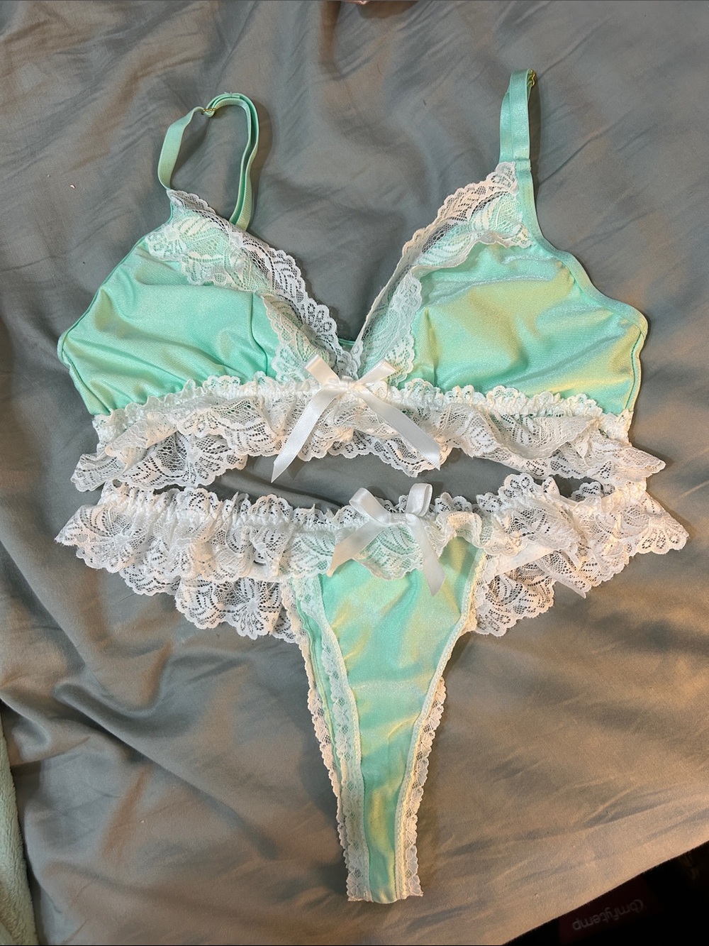 Mint Green Lace Bralette & Thong Set with White Trim new small s lingerie